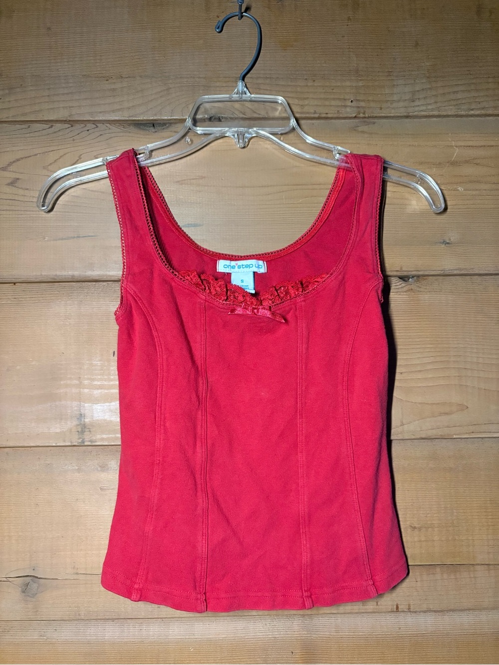 Vintage Y2K Red Coquette Lace Trim Tank Top Camisole Cherry Ruffle Bow